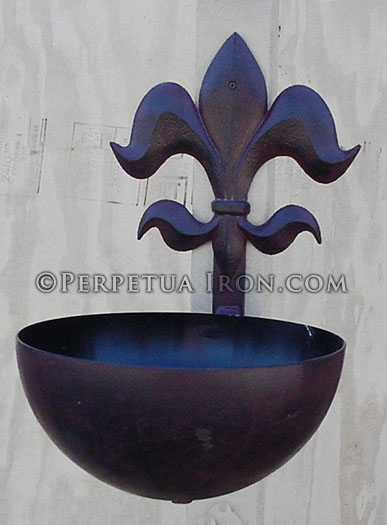 decorative wall mounted, iron plant stand with fleur de lis with dark glossy patina