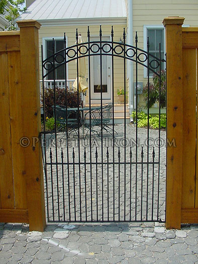 ornamental iron garden gate, self latching, antique cast iron components
