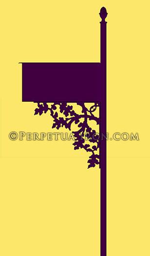 Design sillouette of a mailbox post has a bright yellow background. THe bracket is leafy, but geometrically layed out.