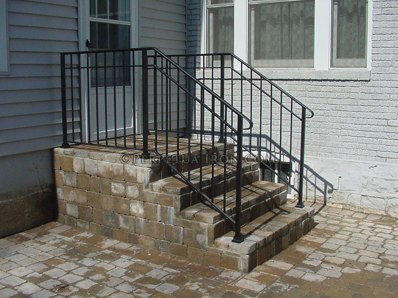Wrought iron railing for steps, 3 channel design.