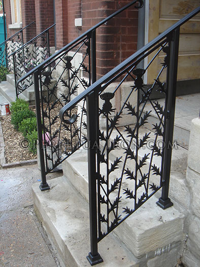 Trellis art designs step railing for two stairs in a old St Louis neighborhood with thistle motif.